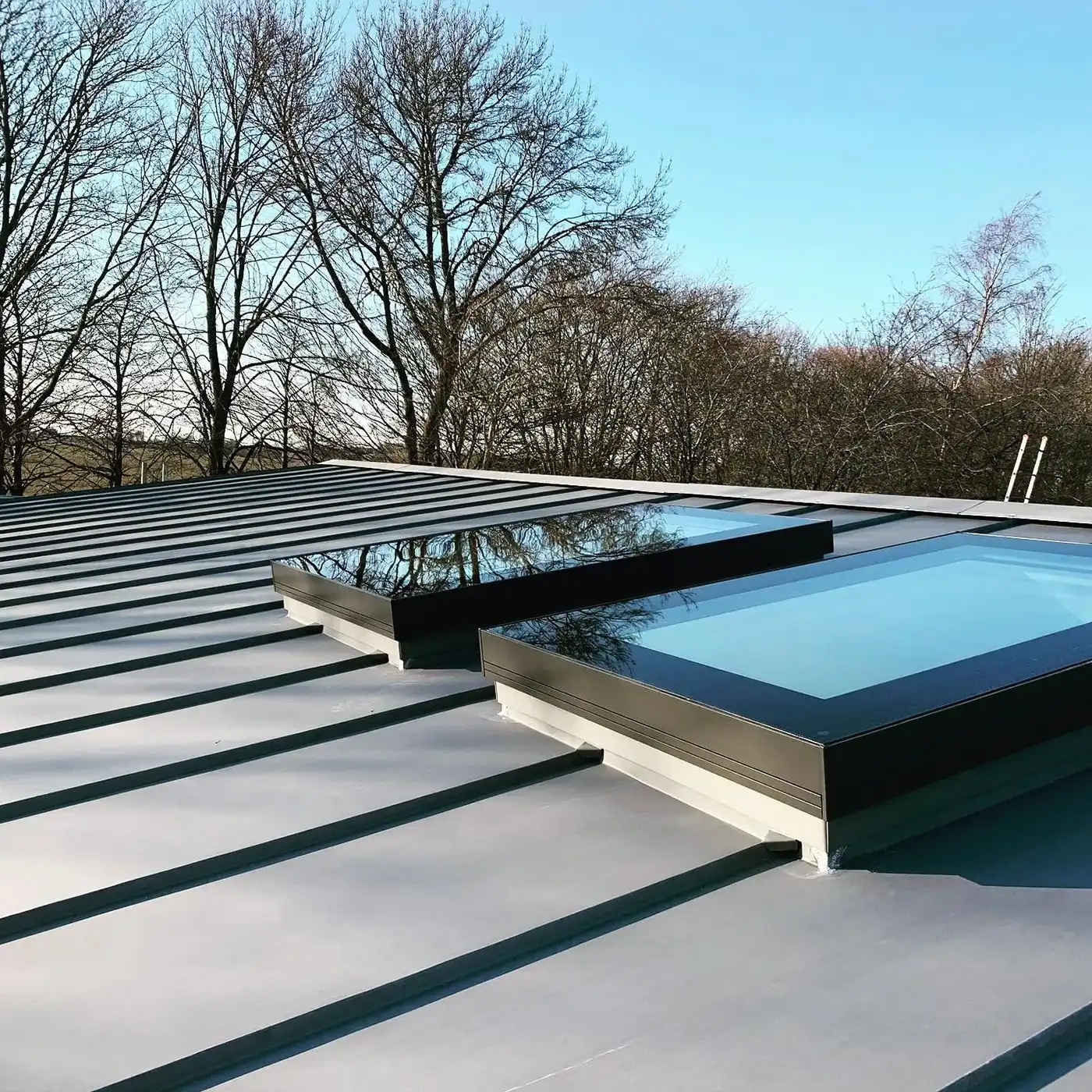 a metal roof with a skylight on top of it